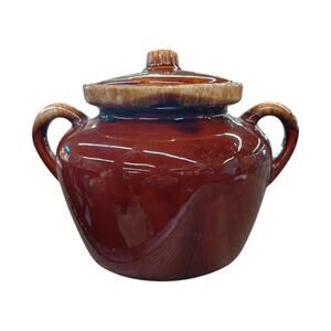 Vintage McCoy 342 USA Ovenproof Crock Drip Brown And Tan w/ Lid Double Handled